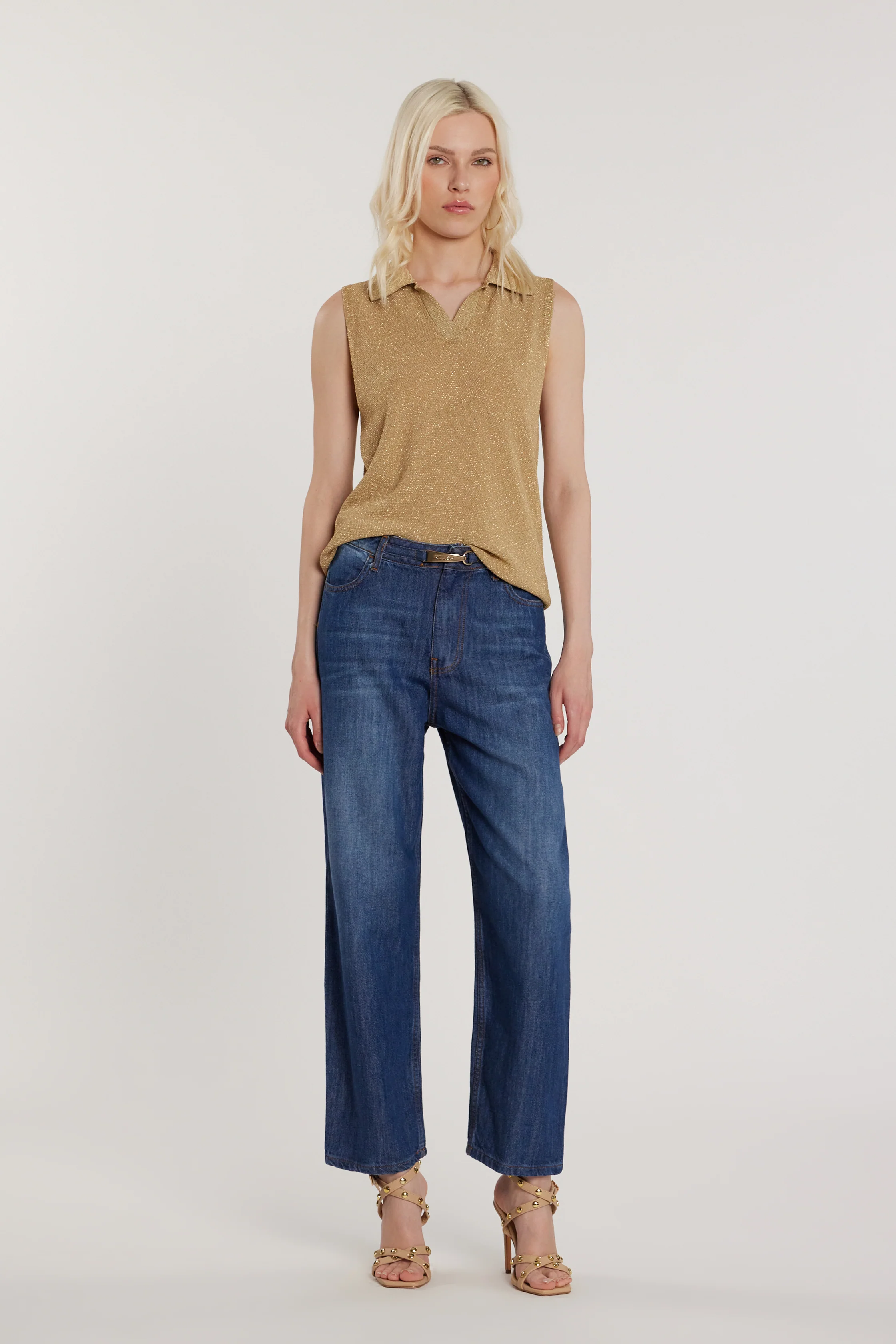 Maglia MARTIN smanicata con colletto rete effetto piquet con lurex - Image 4