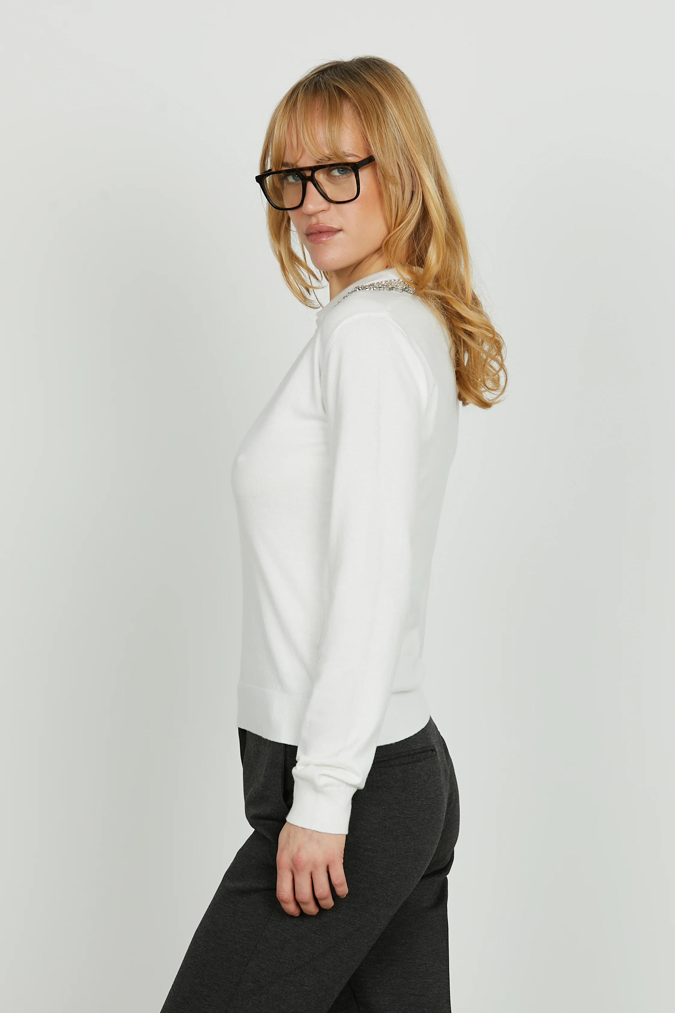Maglia NIHOA manica lunga scollo v con colletto più applicazione strass - Image 2