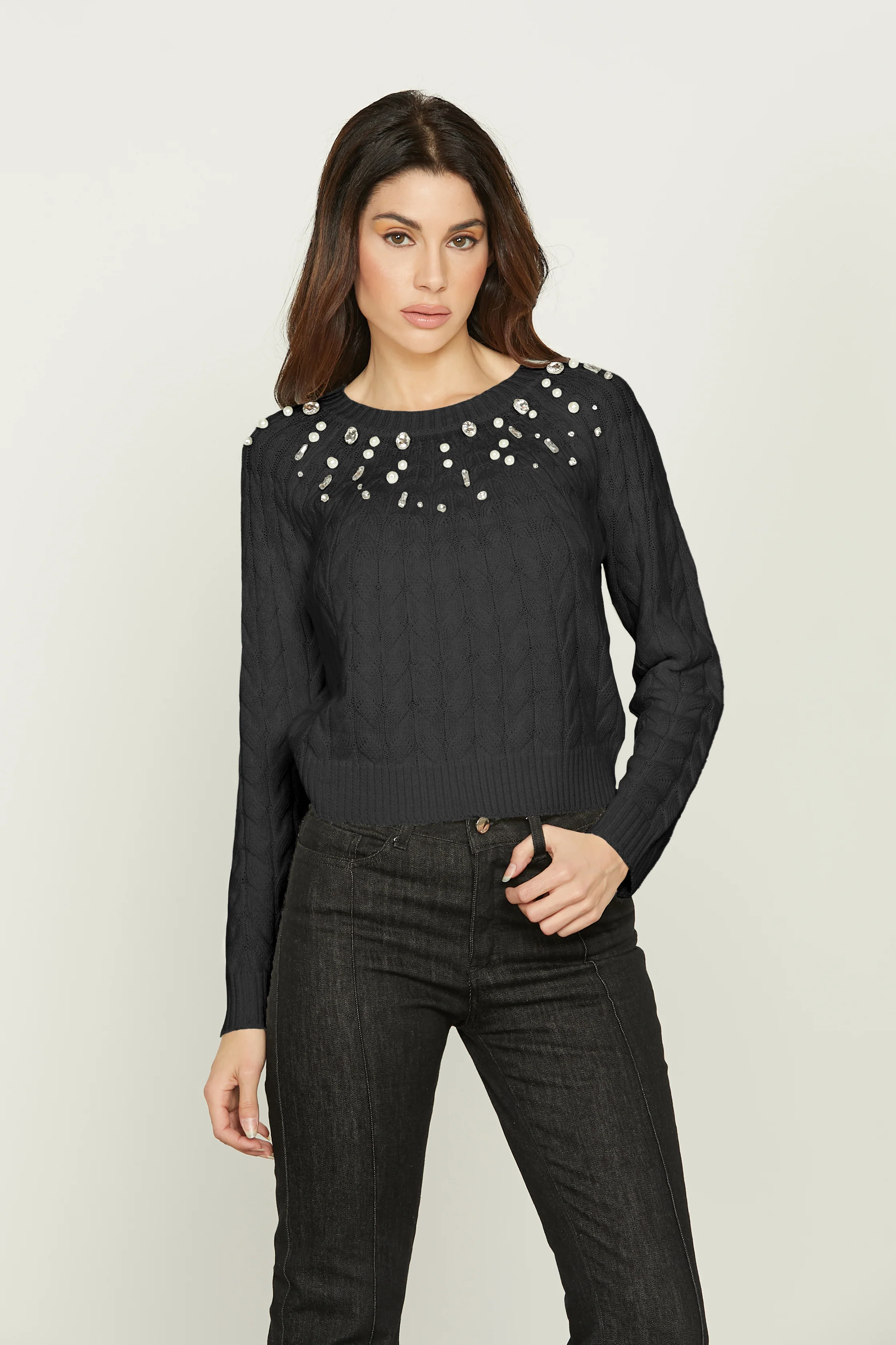 Maglia PROSPERPINA manica lunga lavorazione trecce con perle più cabochon - Image 6