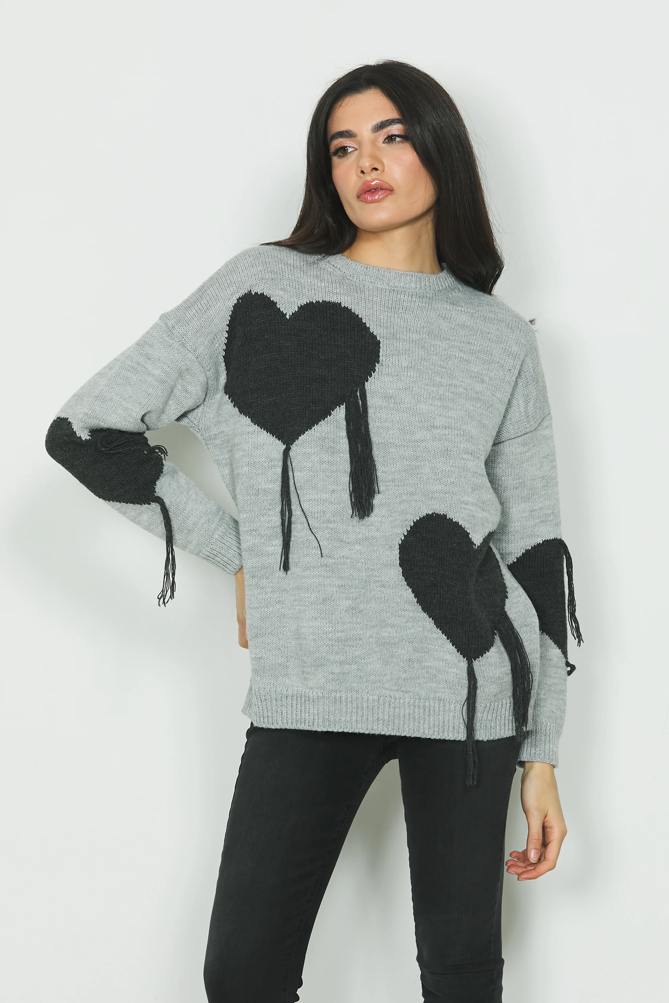 Maglia SHELLEY manica lunga con jacquard cuori più frange
