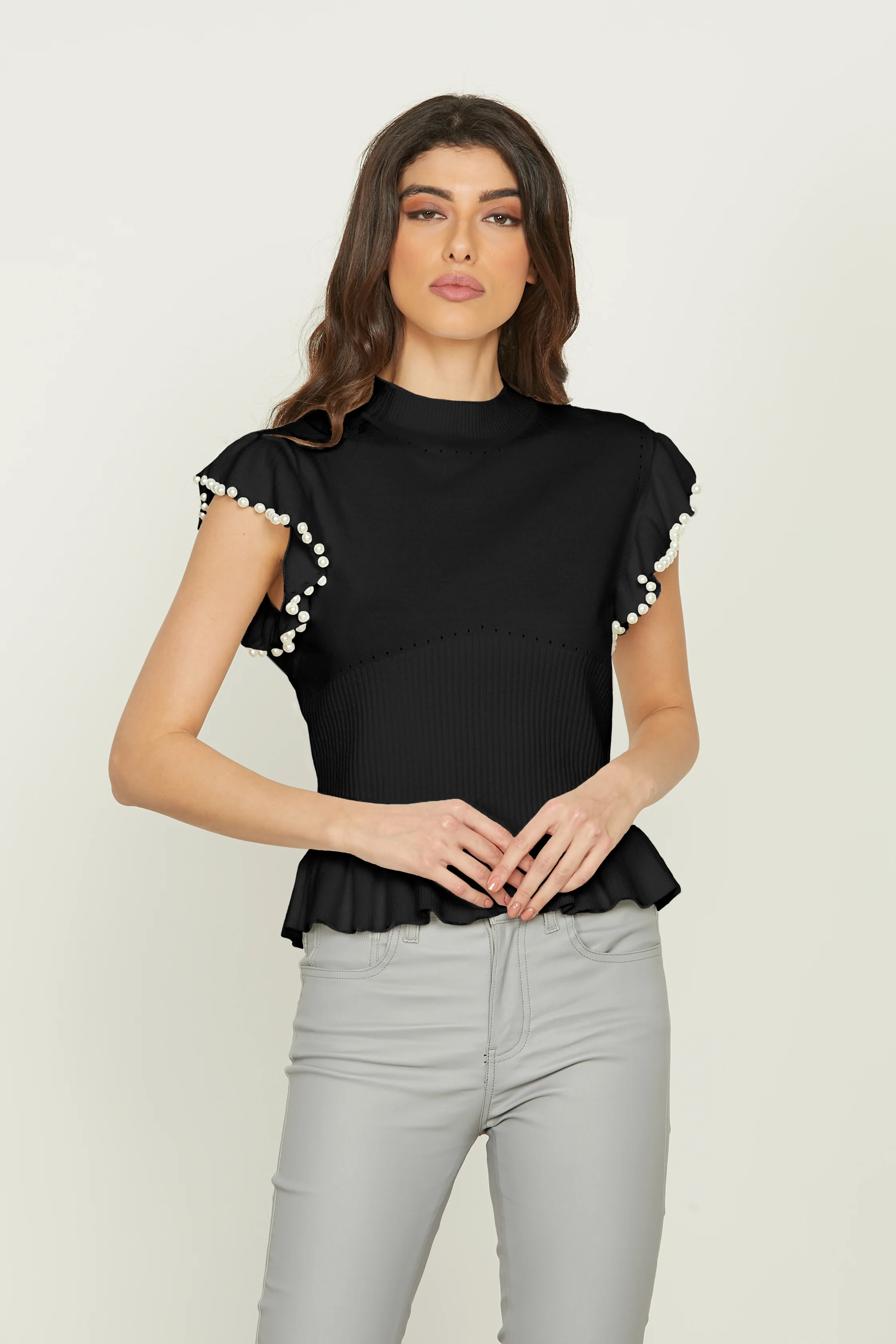 Maglia TEDDY mezza manica con rouches più perle collo vulcano più fondo rouches - Image 6