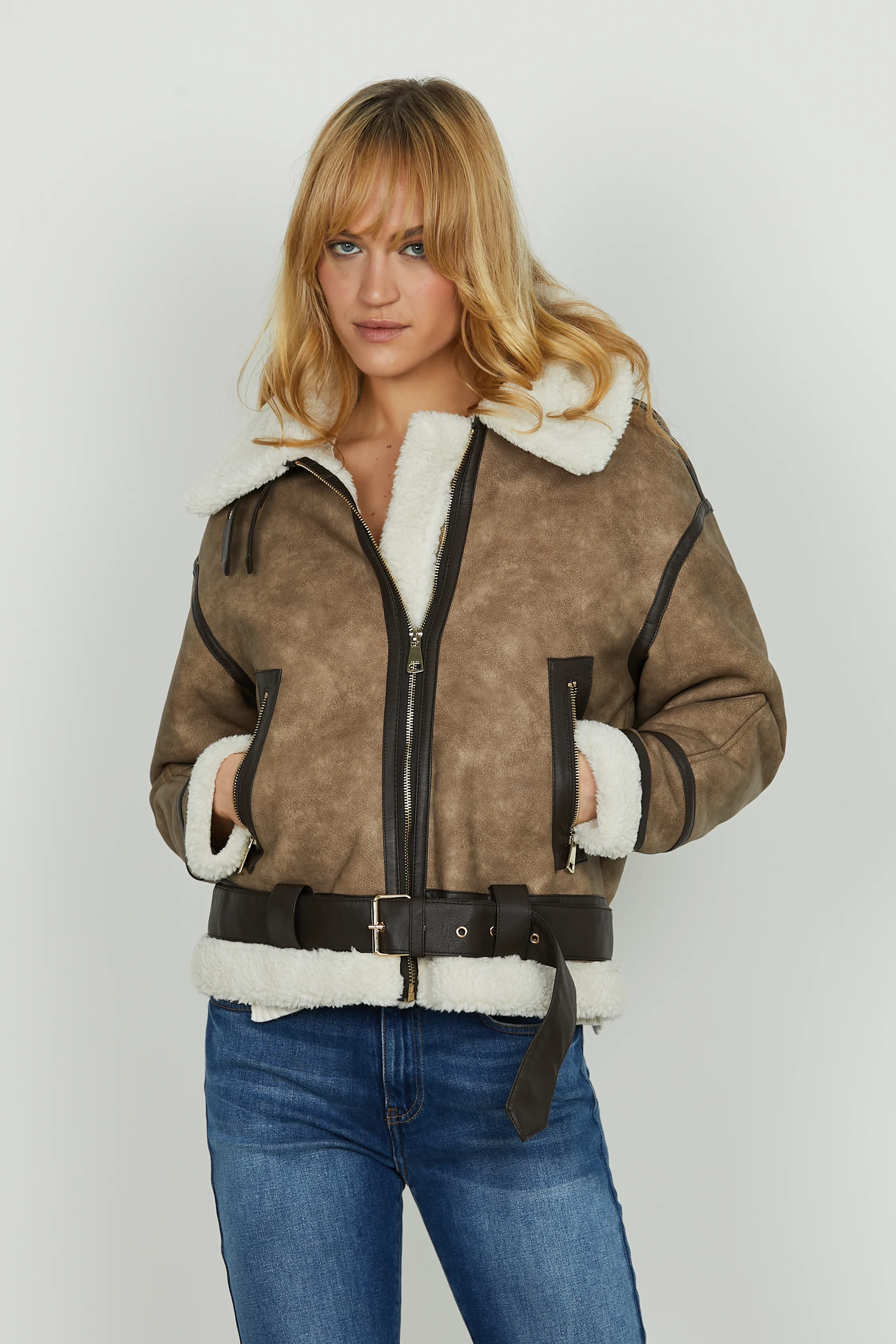 Montone PLUGH manica lunga con pelliccetta più cintura più zip più tasche più contr.bordi ecopelle