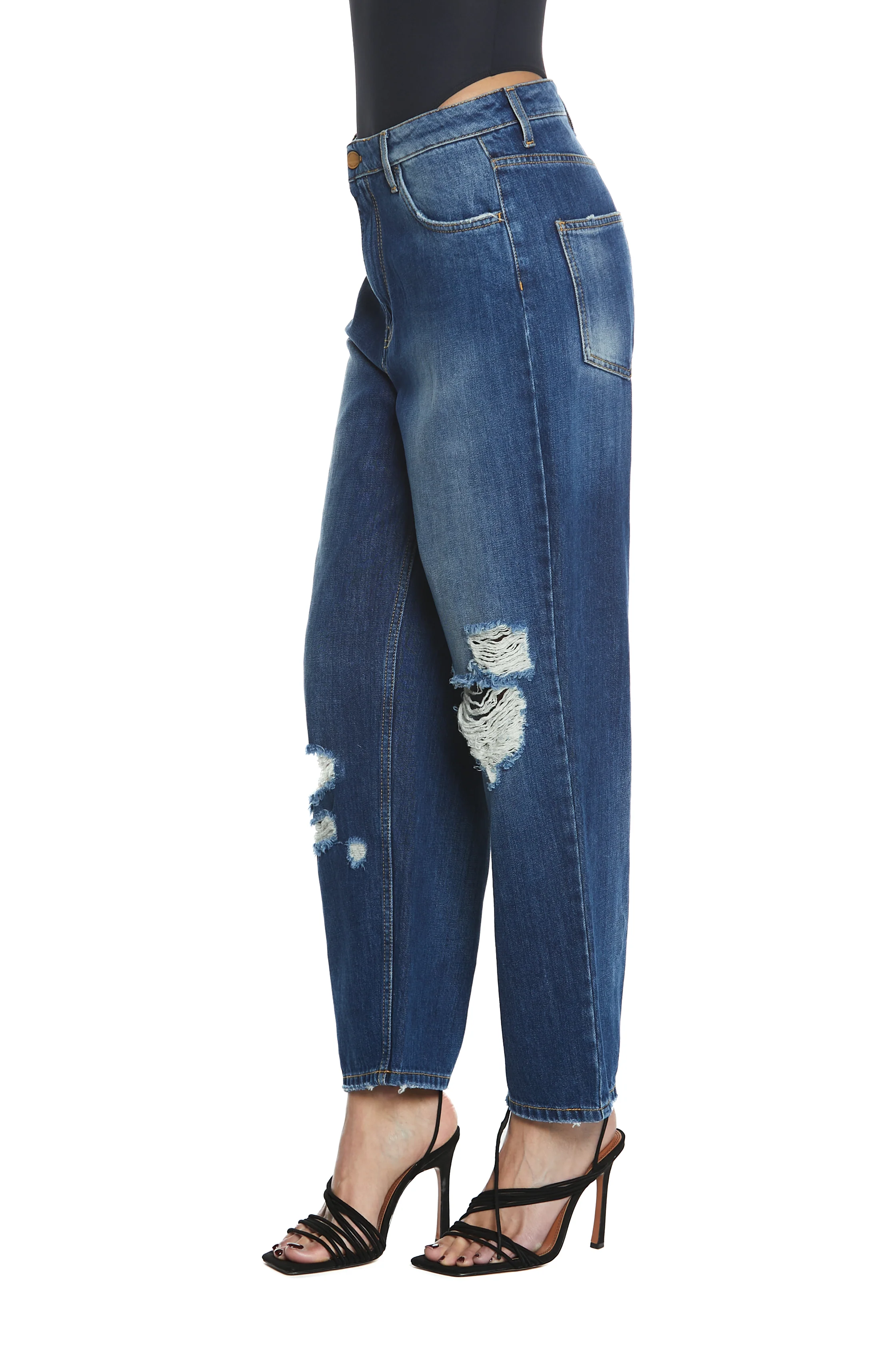 Panta CARLA_2 vita media 4 tasche  con rotture ginocchio baggy fit denim blu - Image 2