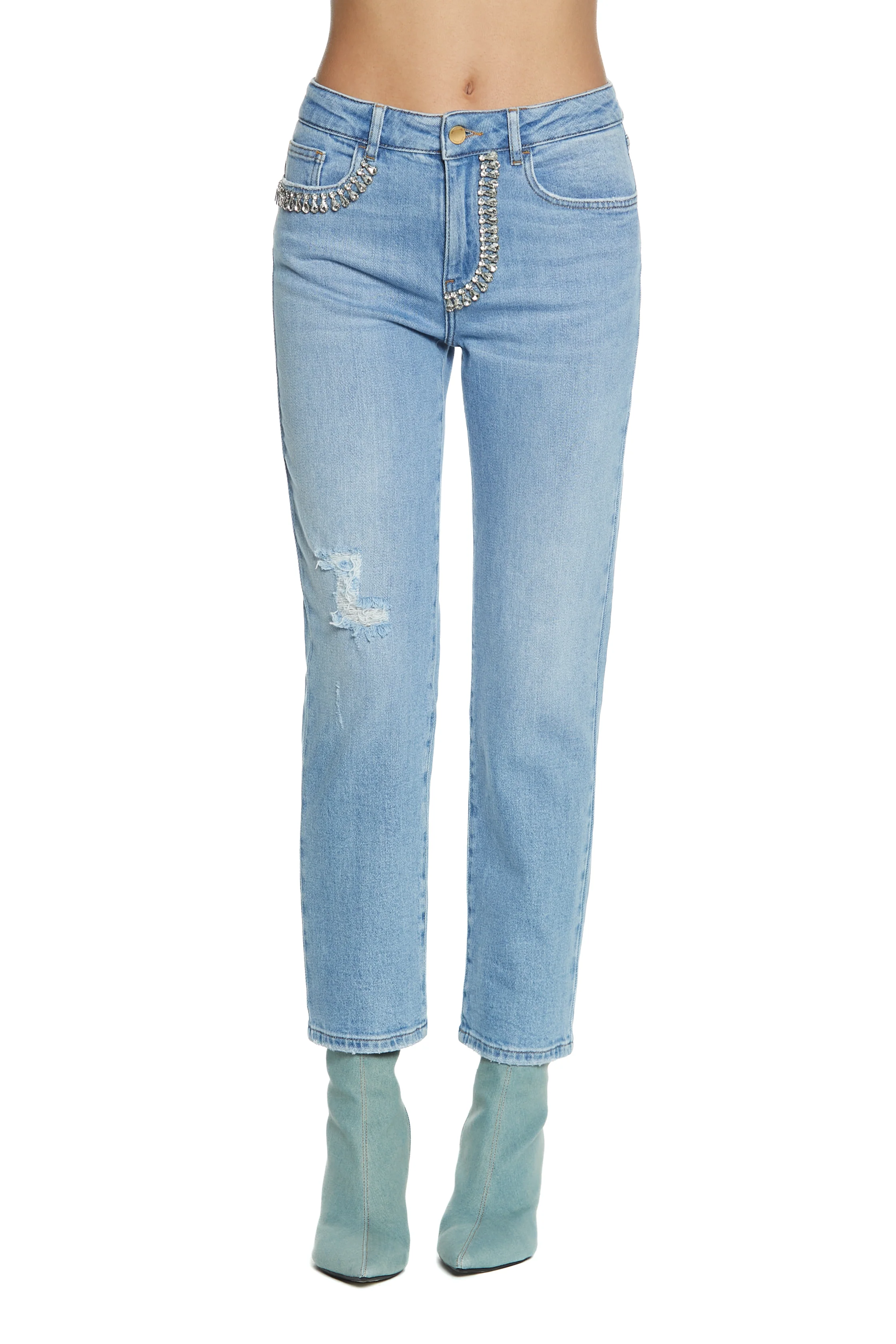 Panta CINDY_2a vita media 5tasche  con rottura più pietre cigarette fit denim blu