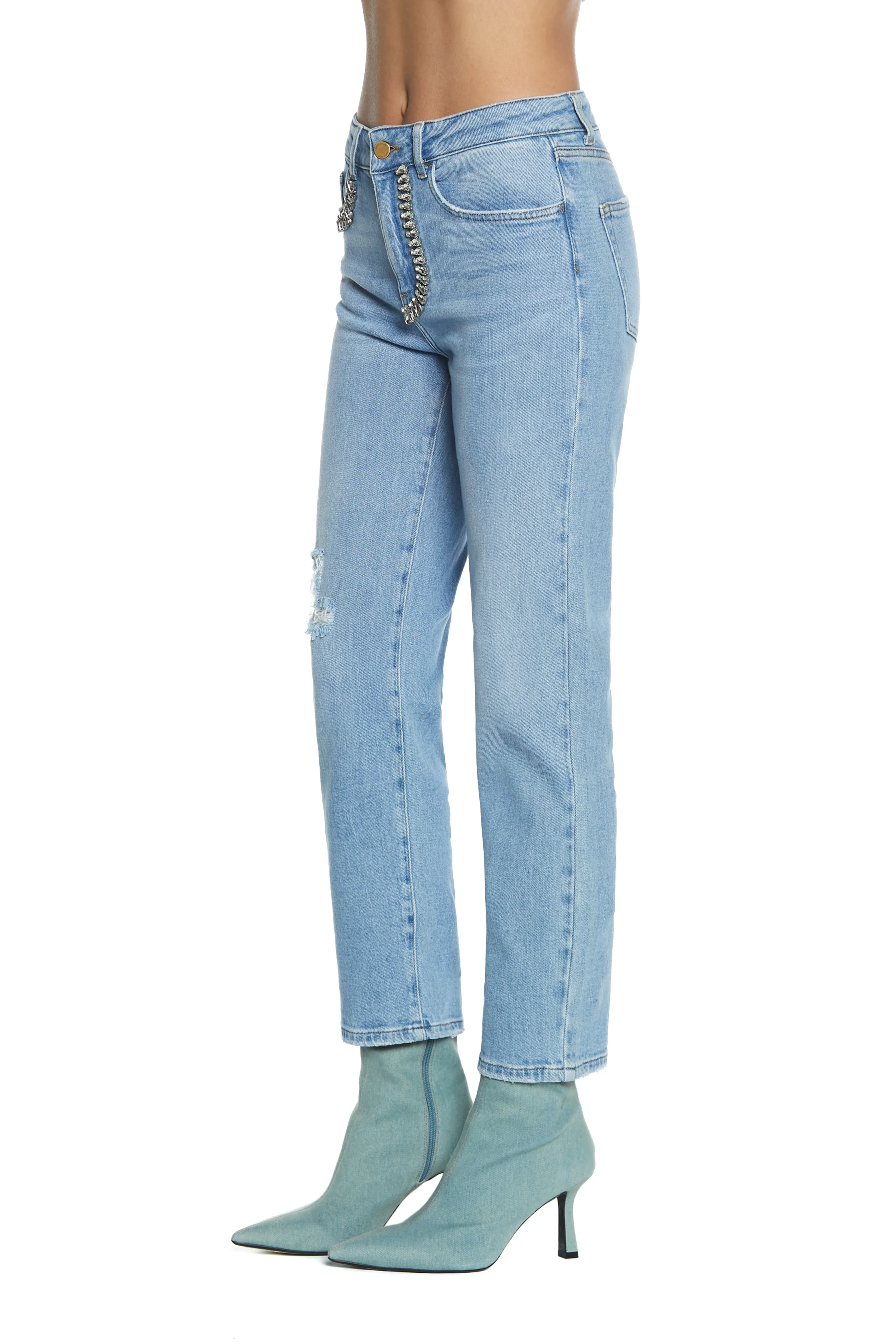 Panta CINDY_2a vita media 5tasche  con rottura più pietre cigarette fit denim blu - Image 2