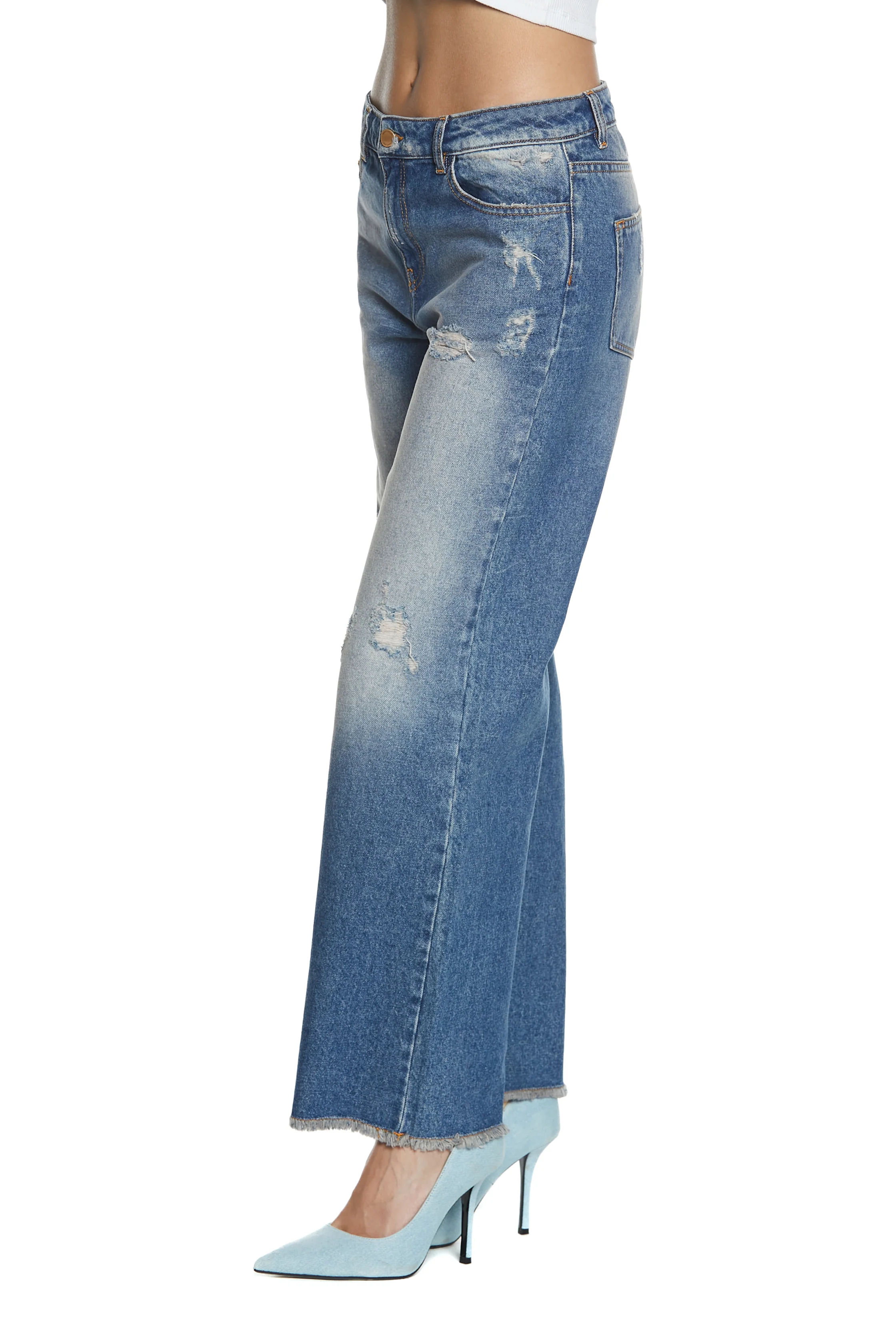 Panta ELLE_2 vita media 5tasche  con sporcatura straight fit denim blu - Image 2
