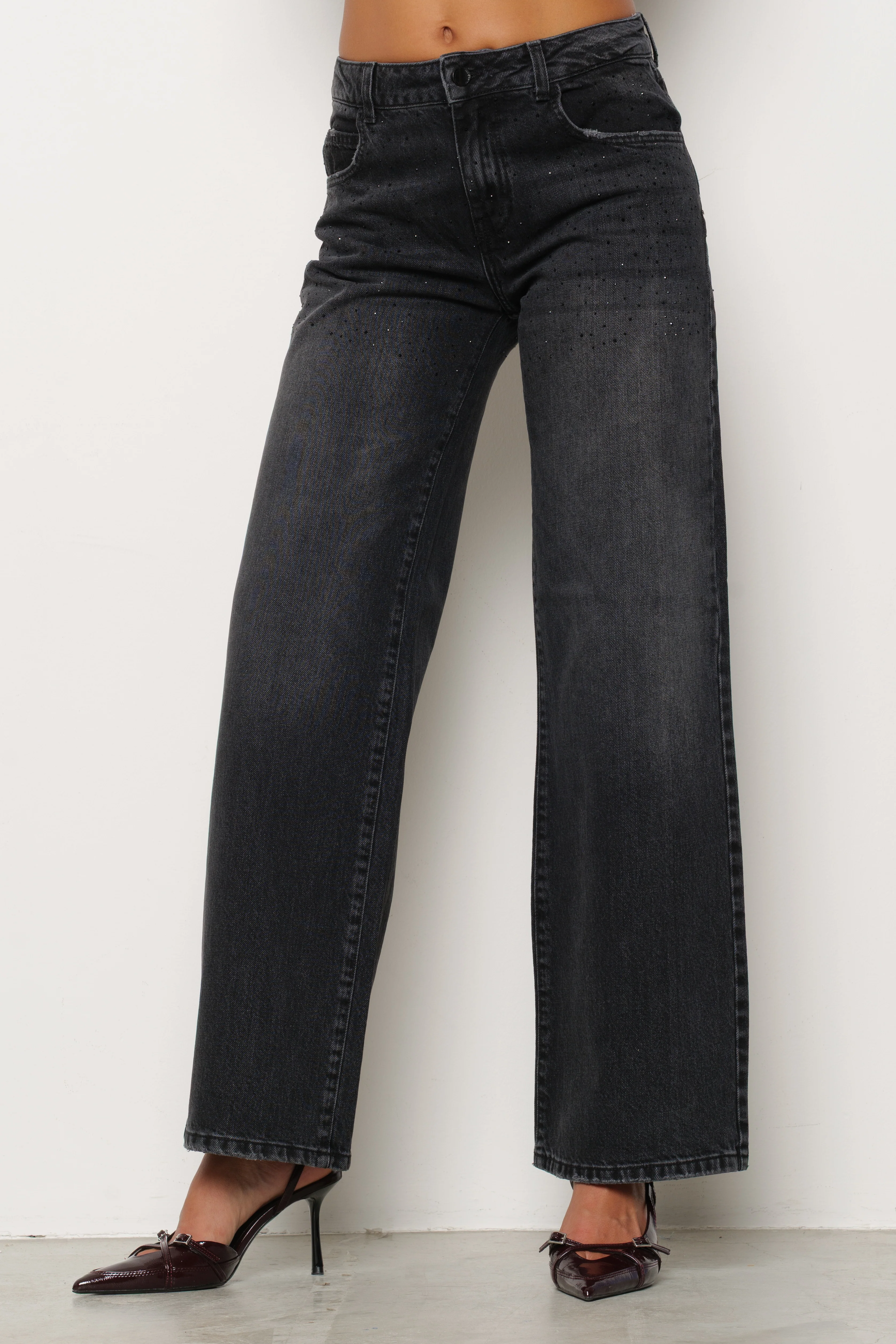 Panta ELLELONG_31 vita media 5 ts con strass straight fit denim black - Image 2
