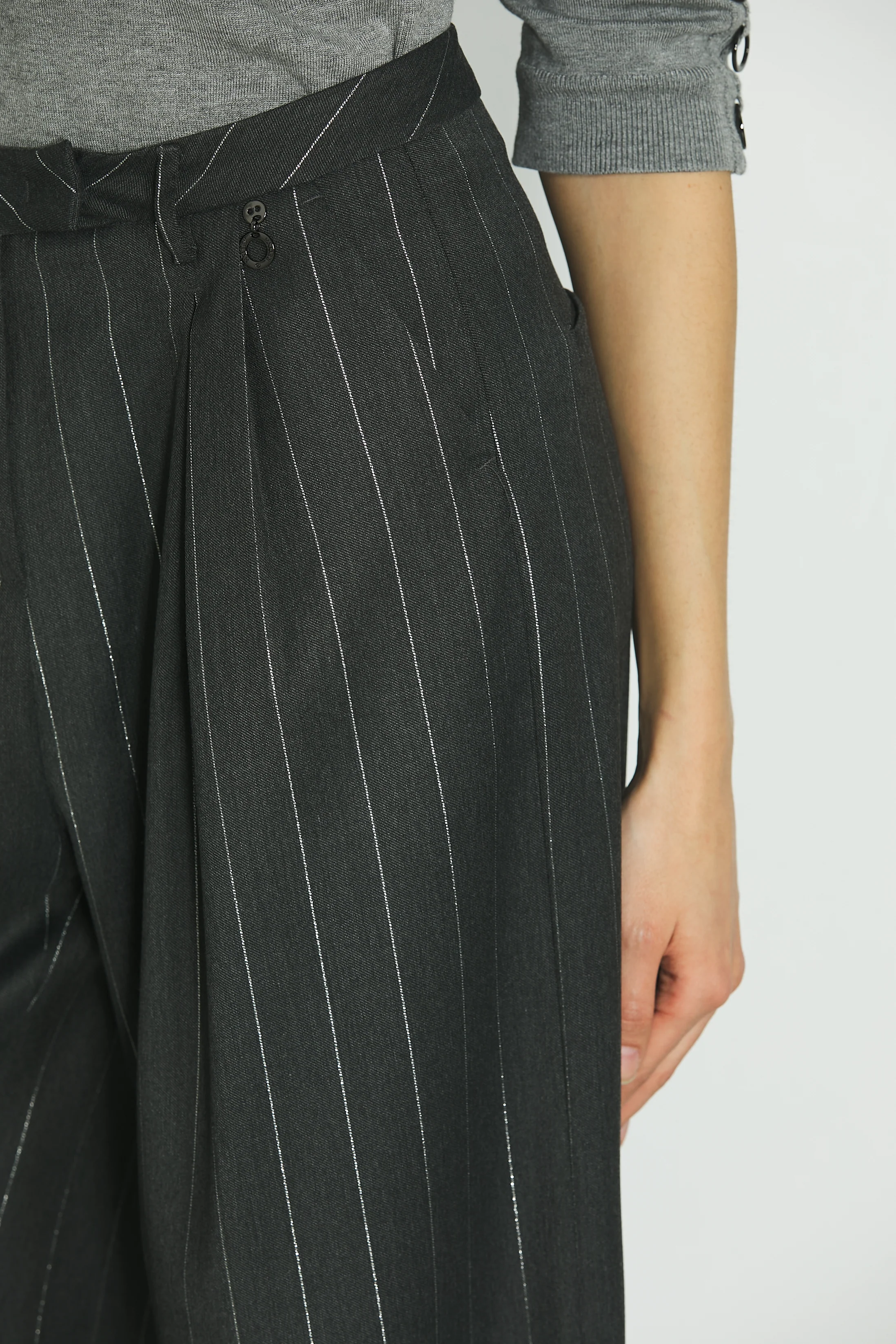 Panta KRIZIA_A vita alta con bacia piega più tasche francesi gessato con lurex - Image 5