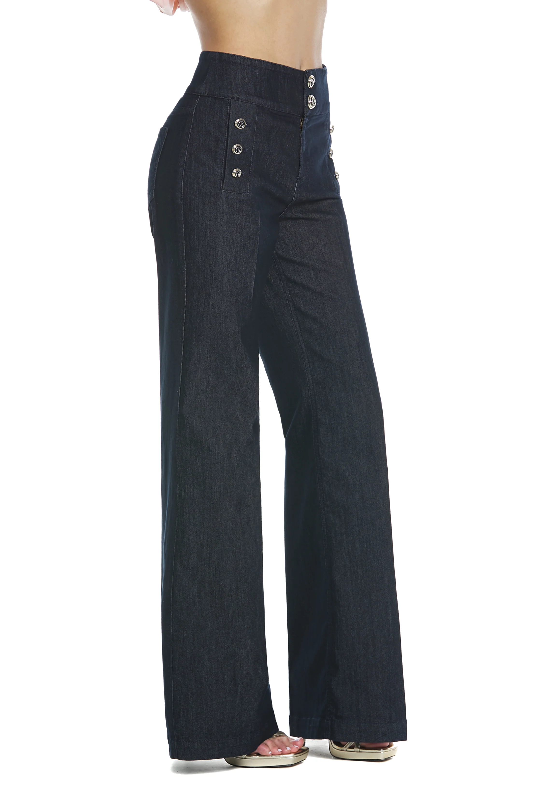 Panta LAGERTHA vita alta con bustino alto più tasche  più bottoni gamba larga denim blu - Image 3