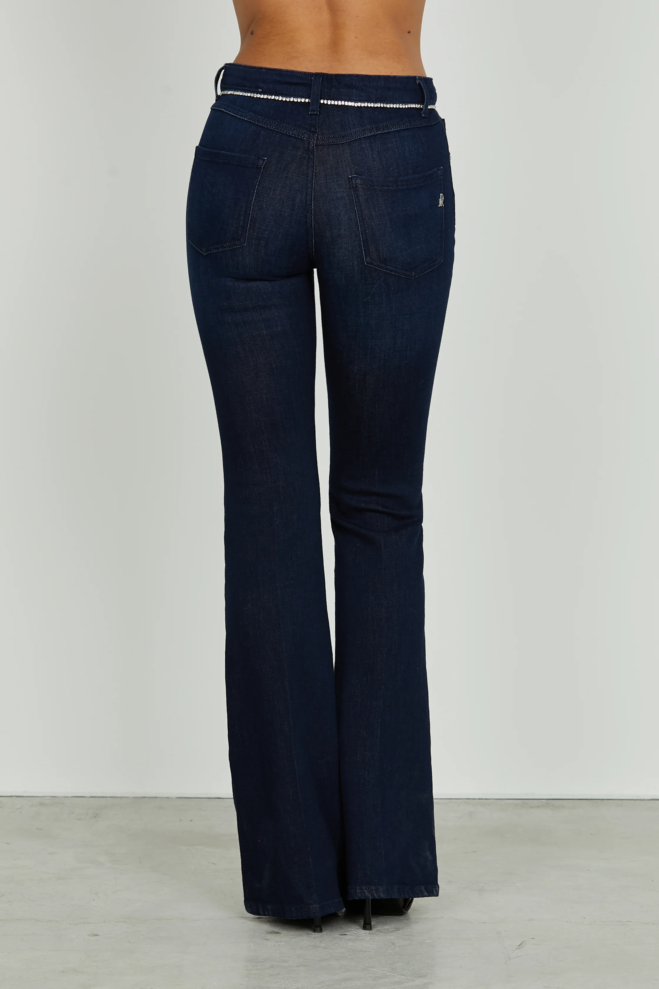 Panta SCHIFFER_29 vita media 5 ts con piping strass flaire fit denim blue - Image 4