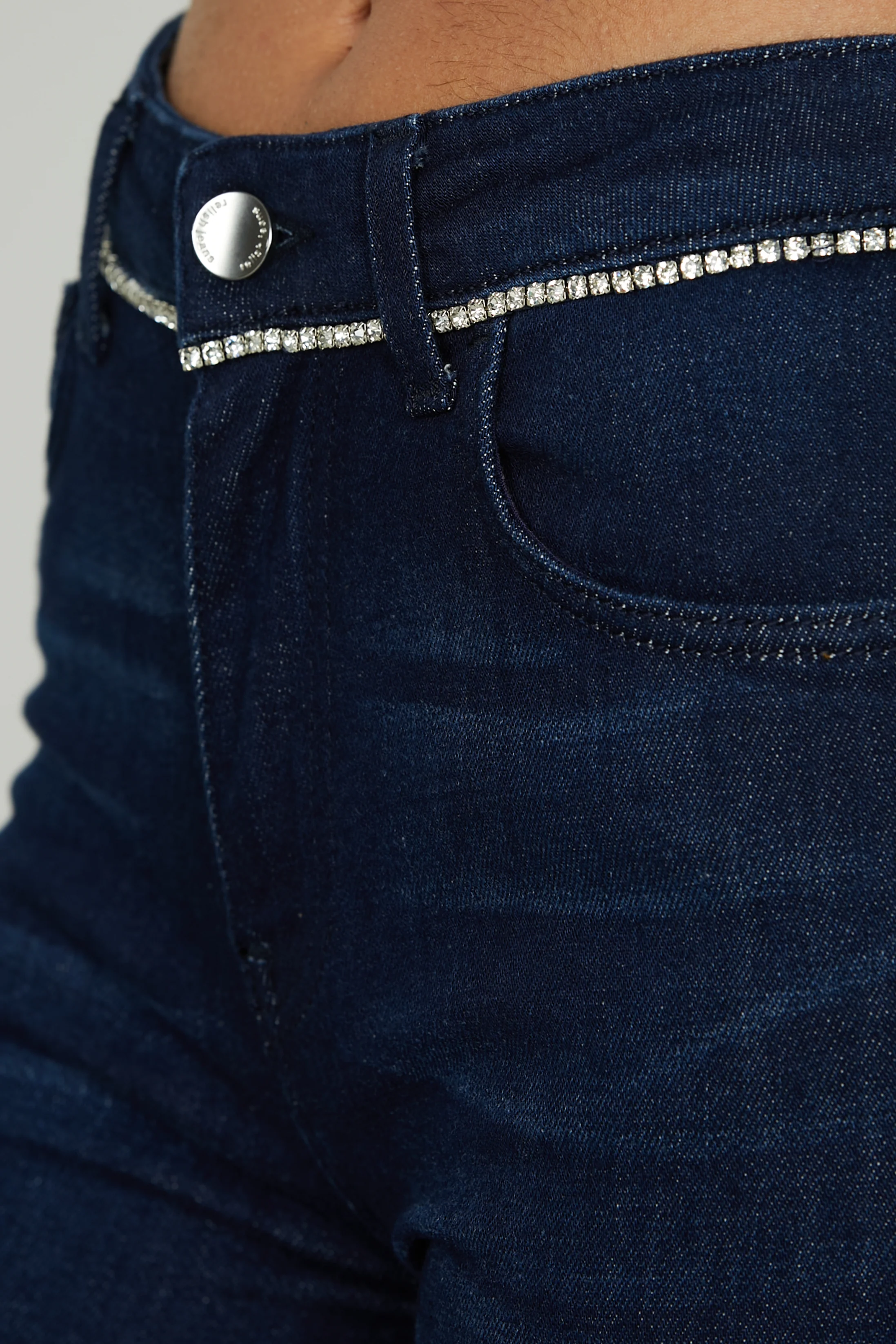 Panta SCHIFFER_29 vita media 5 ts con piping strass flaire fit denim blue - Image 5