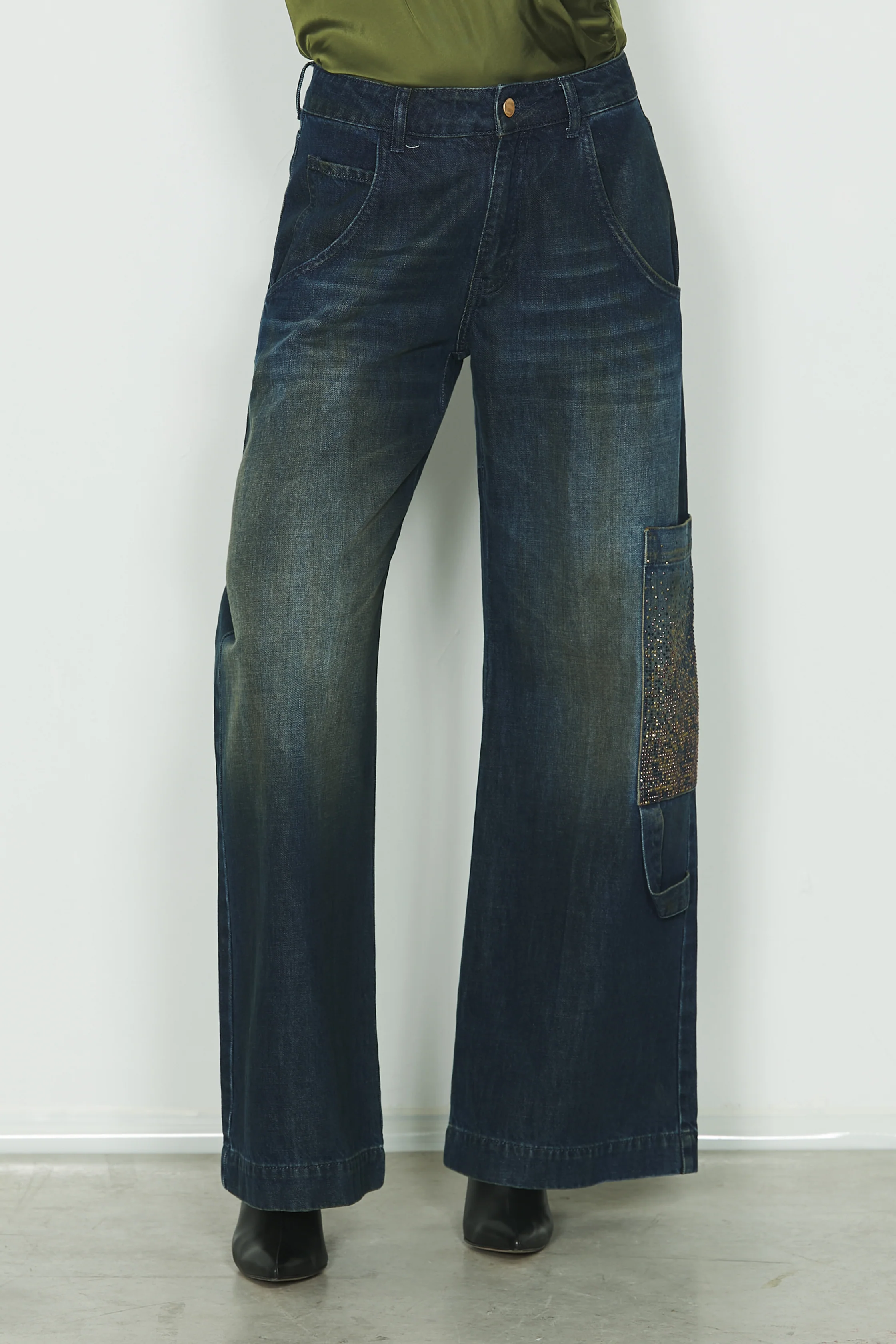 Panta VEGA_21 v.media con tascone più strass più sporcature cargo fit in blue denim