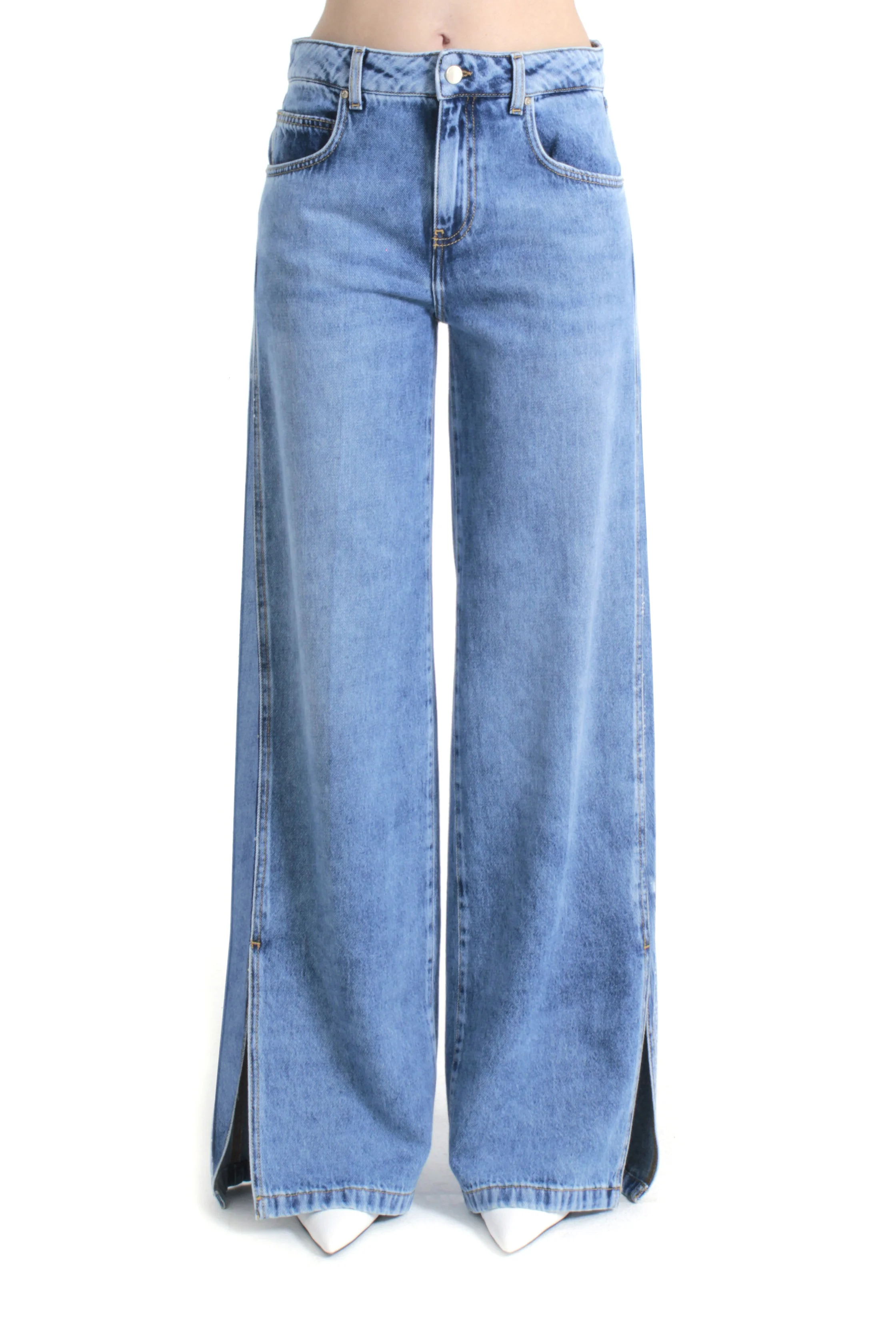 Pantalone ELLESPACK_20_SNZ vita media con spacchi laterali straight fit denim blu