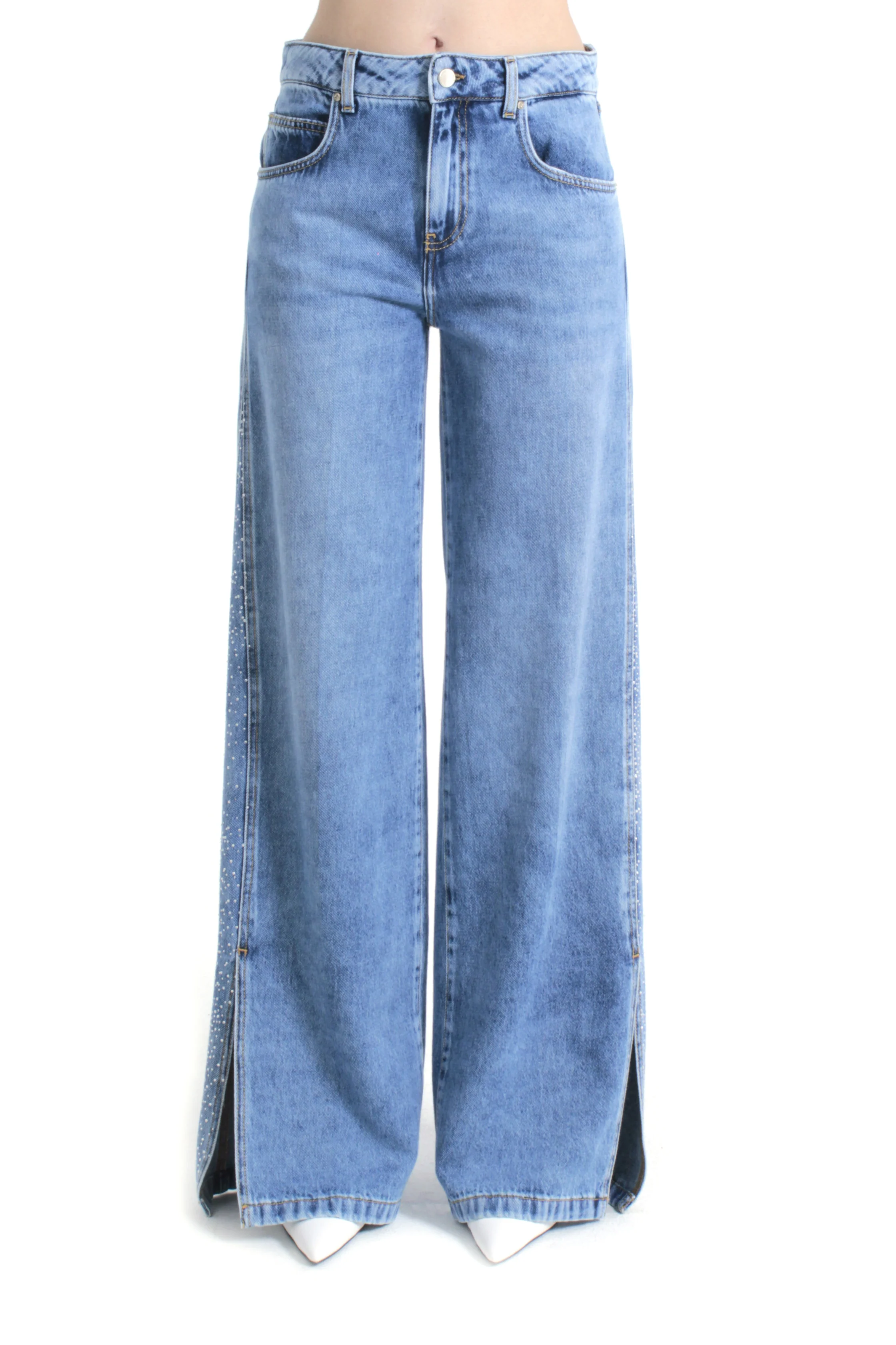 Pantalone ELLESPACK_20 vita media con applicazioni strass più spacchi laterali straight fit denim blu