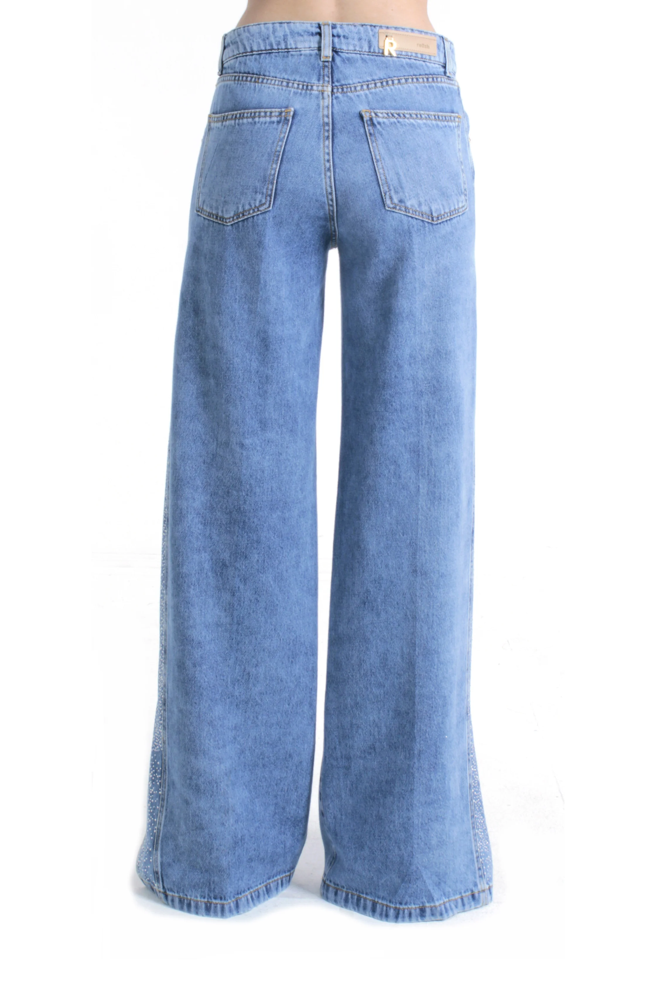 Pantalone ELLESPACK_20 vita media con applicazioni strass più spacchi laterali straight fit denim blu - Image 3