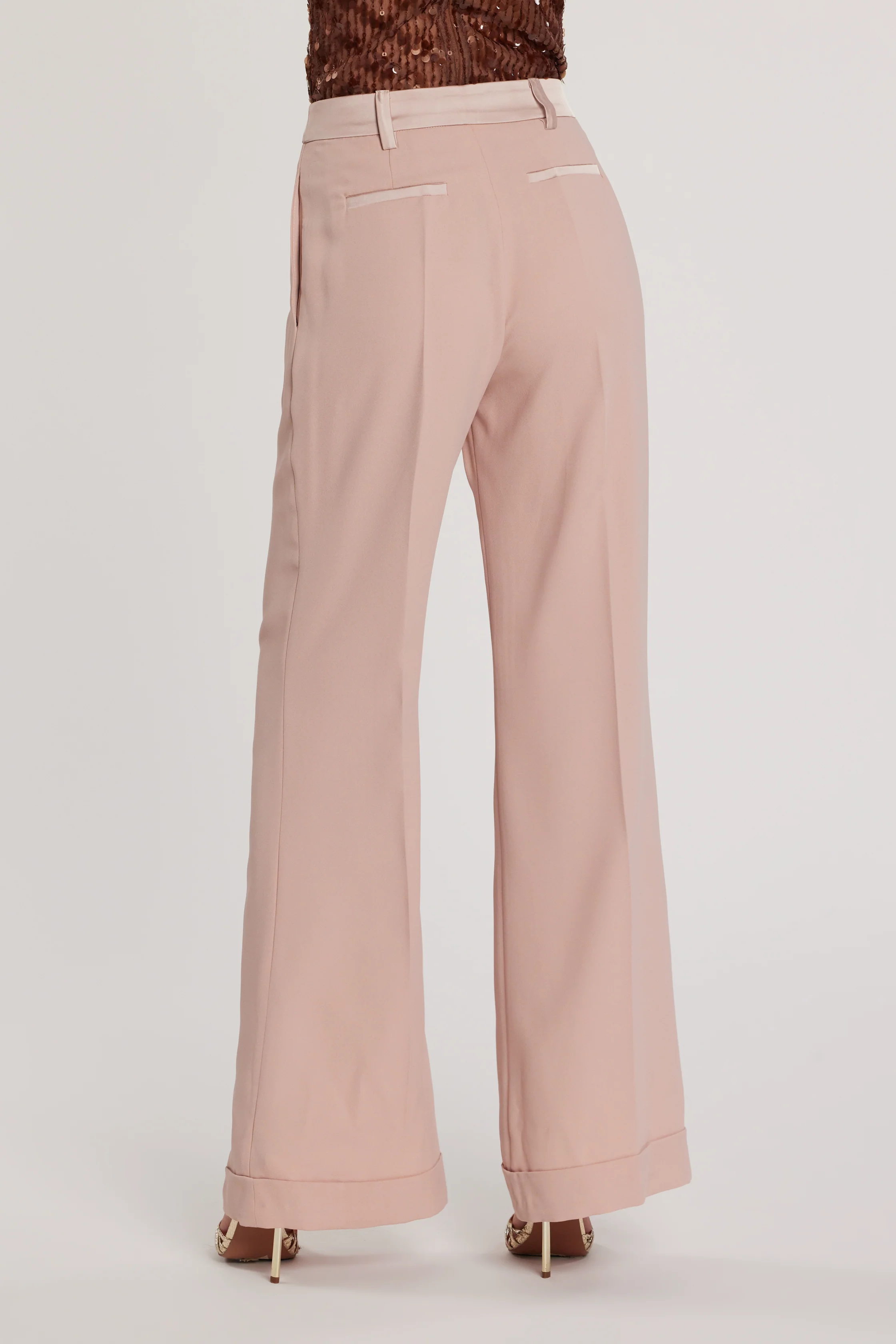 Pantalone PIOLON vita alta palazzo con risvolto più bustino e inserti in raso - Image 3