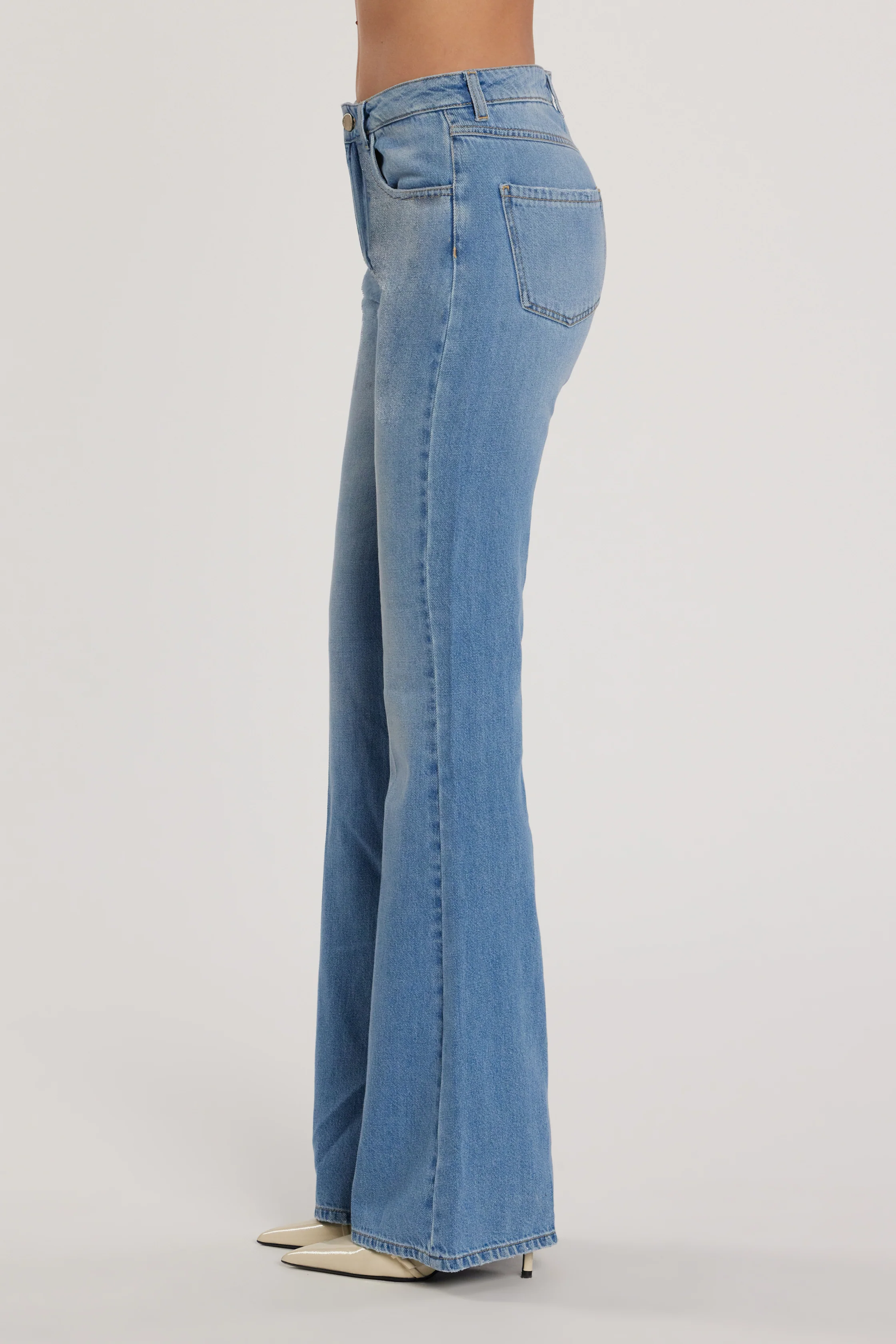 Pantalone SCHIFFER_210_SNZ vita media cinque tasche flaire fit denim blu - Image 2