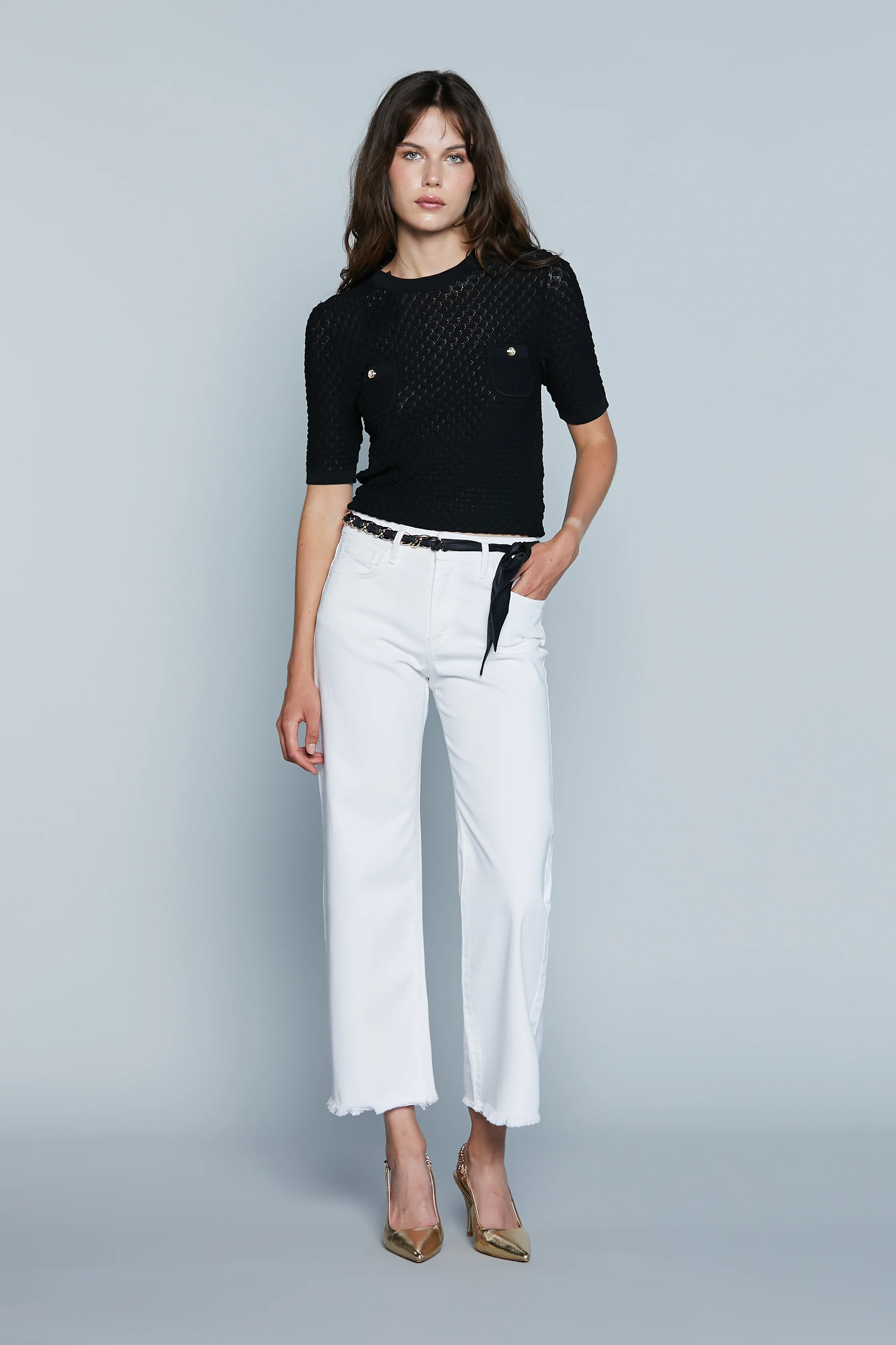 Pantalone VICL_F  Vita Alta Crop 5 Ts Sfrangiato con Cintura Catene più Foulard