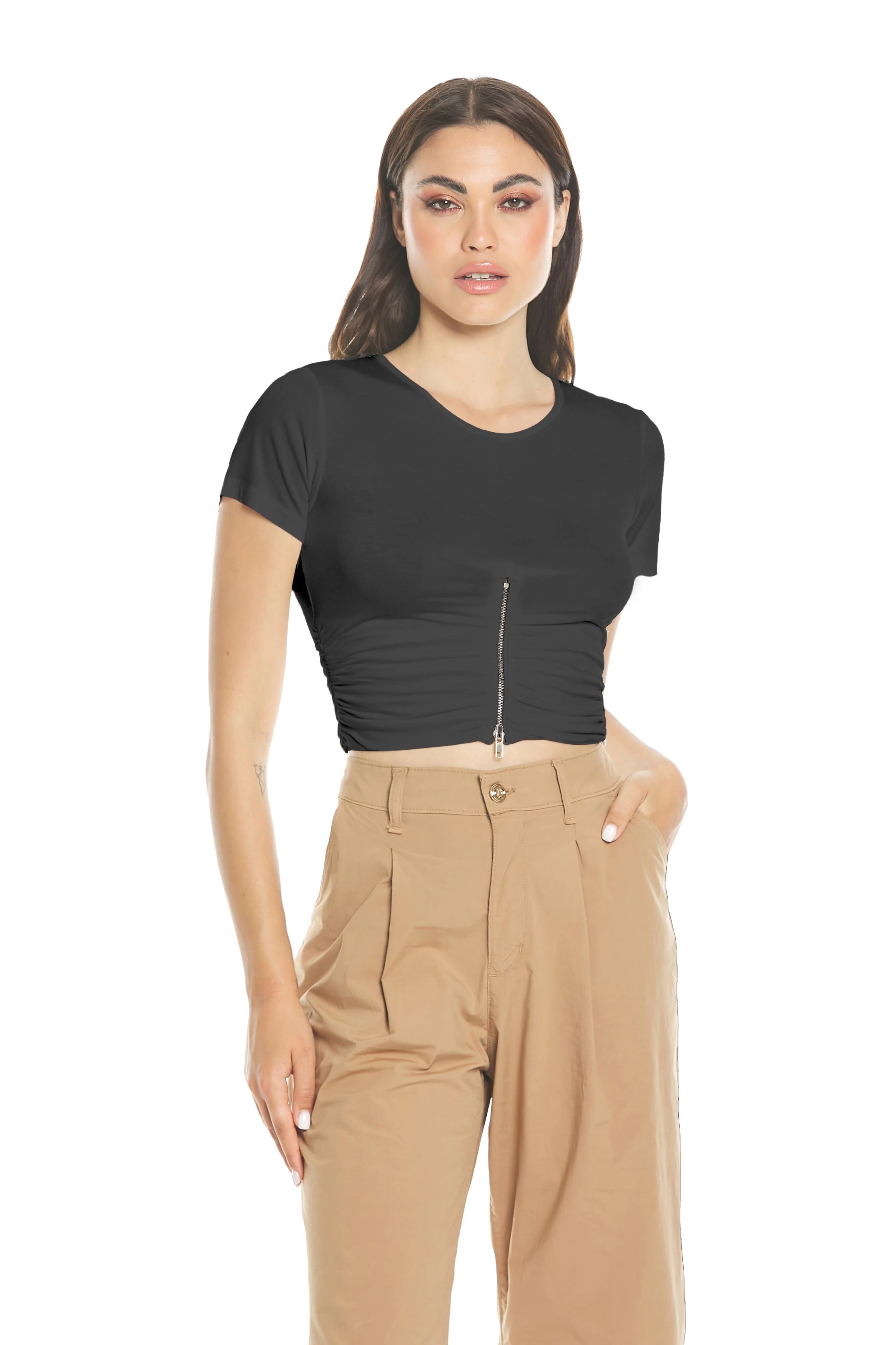 T-shirt AWATIF corta mezza manica con arricci più zip - Image 5