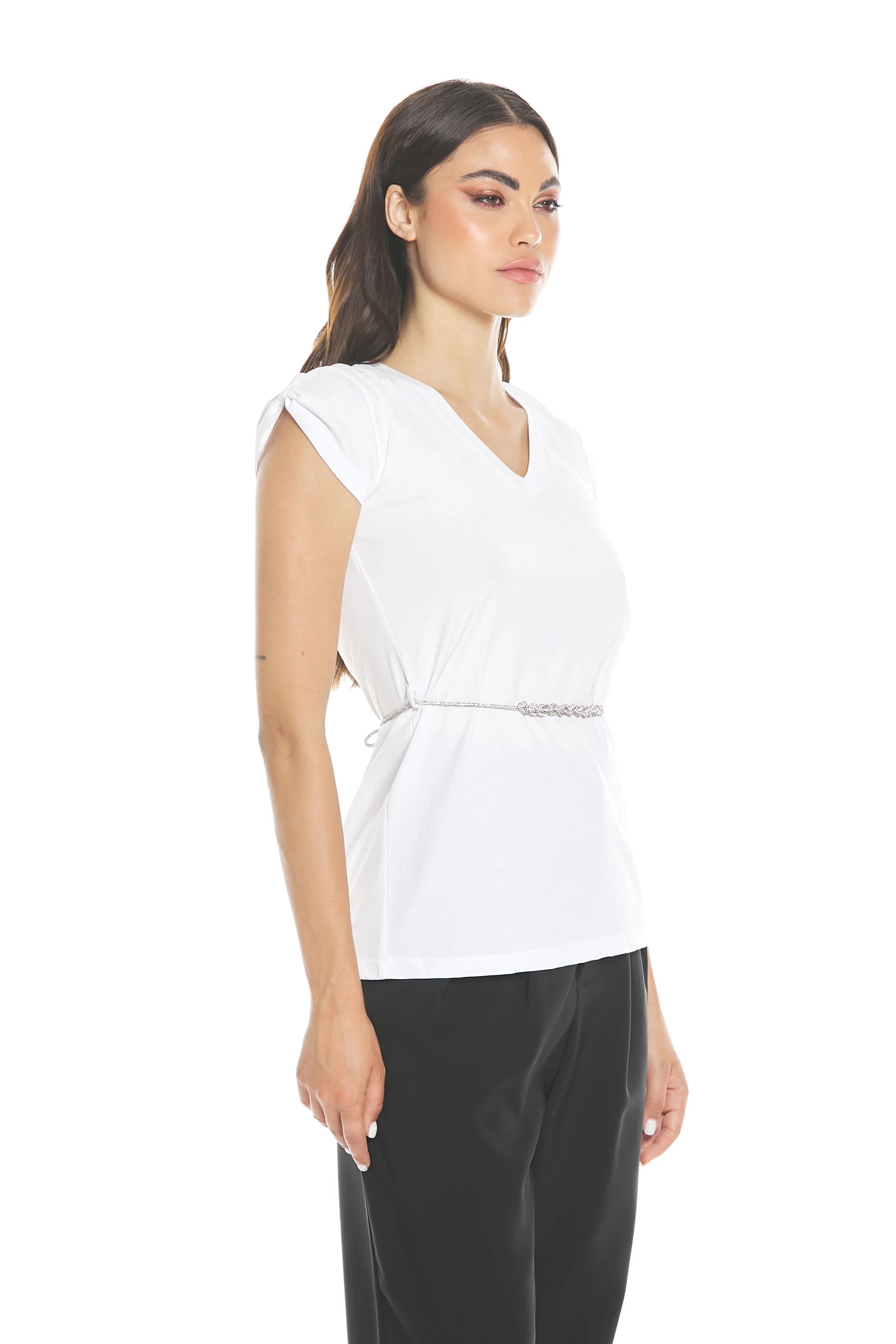 T-shirt FINGERLIME mezza manica con passante scollo v con cintura strass - Image 3