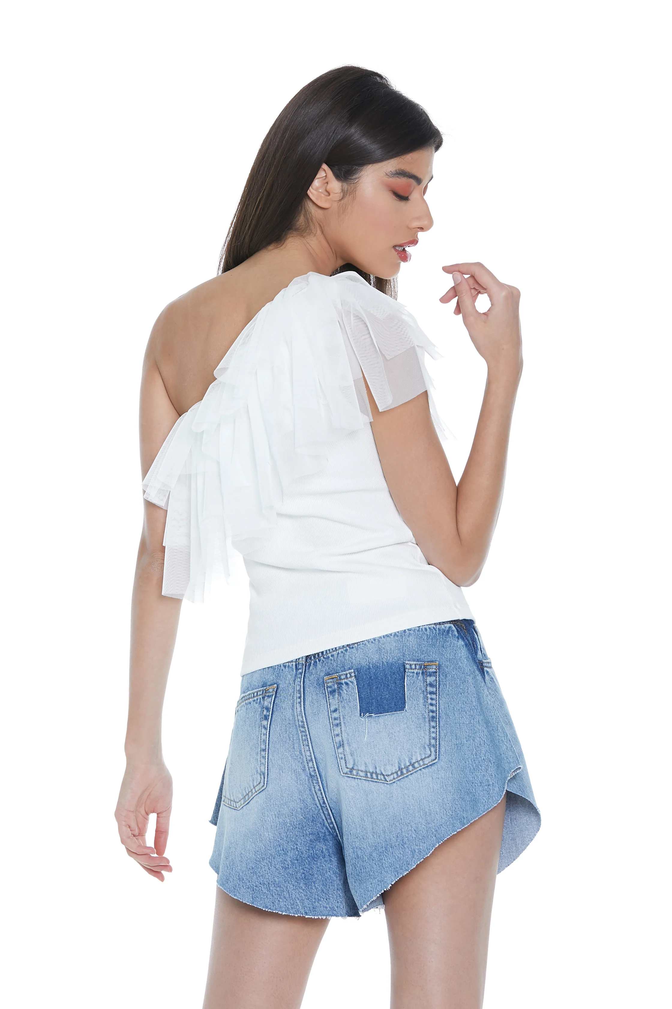 T-shirt RIKU mezza manica monospalla con tulle - Image 5