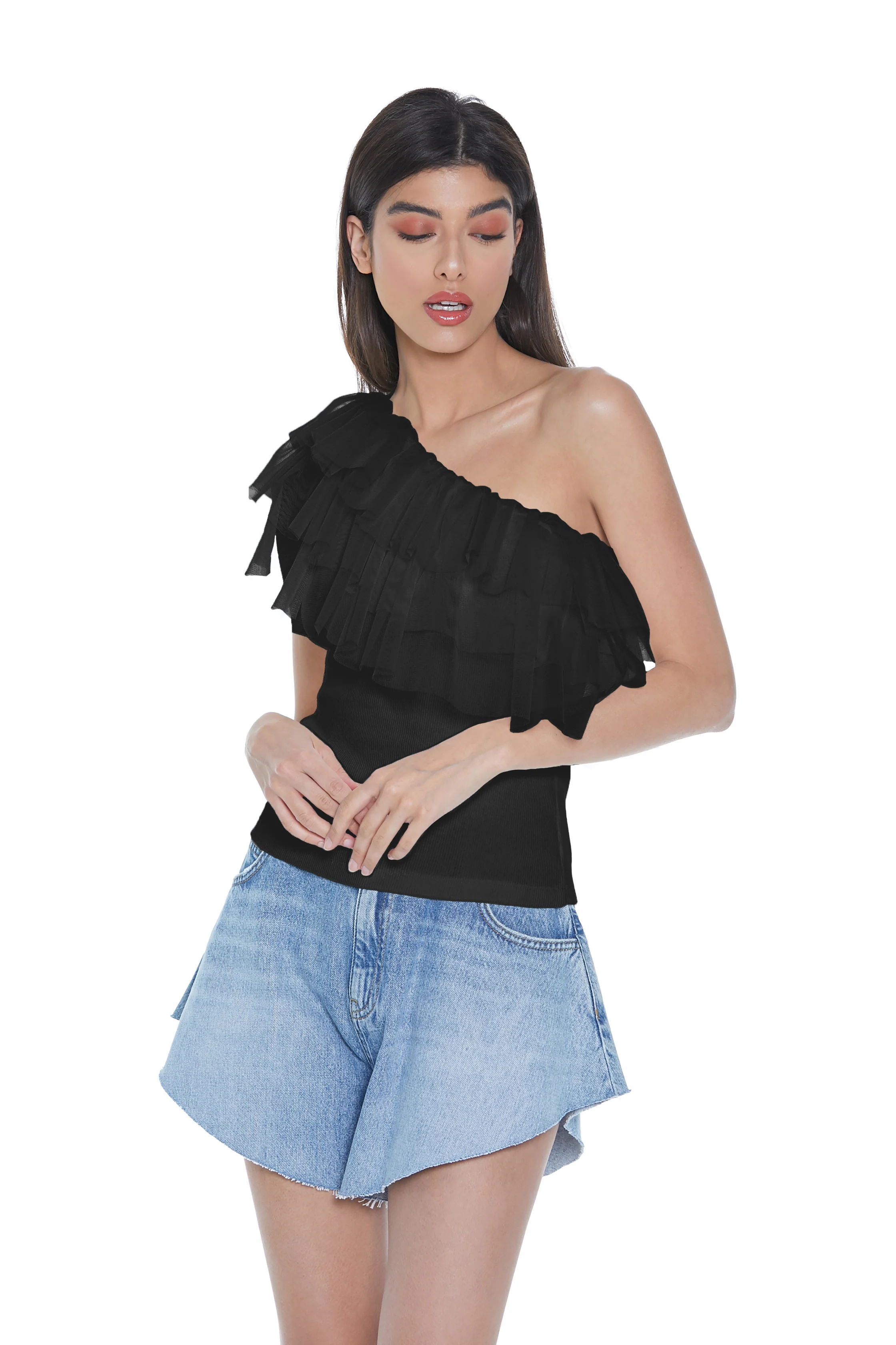 T-shirt RIKU mezza manica monospalla con tulle - Image 7