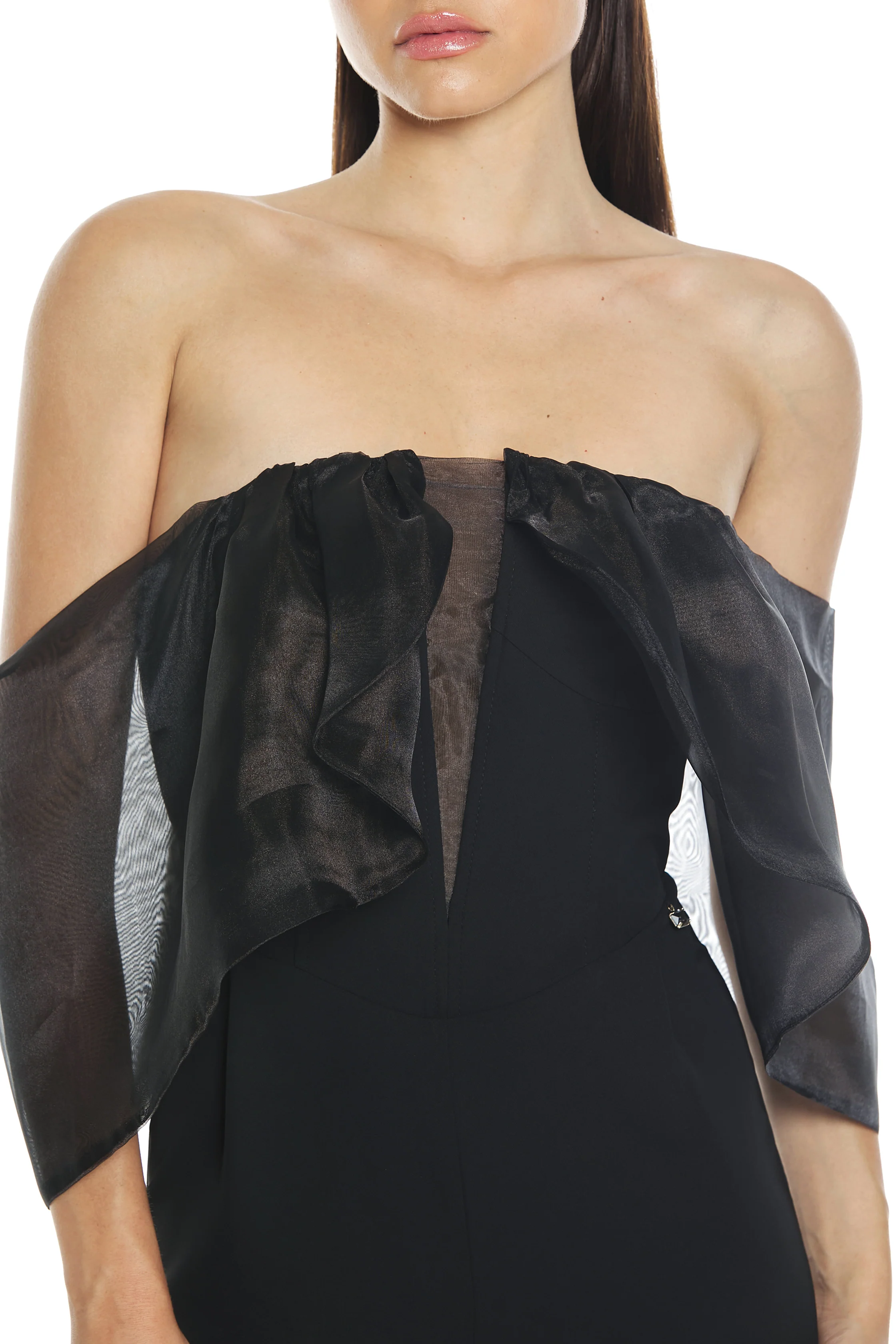Tuta ACQUAMARI cavallo basso scollo bardot con maniche più inserto organza - Image 4