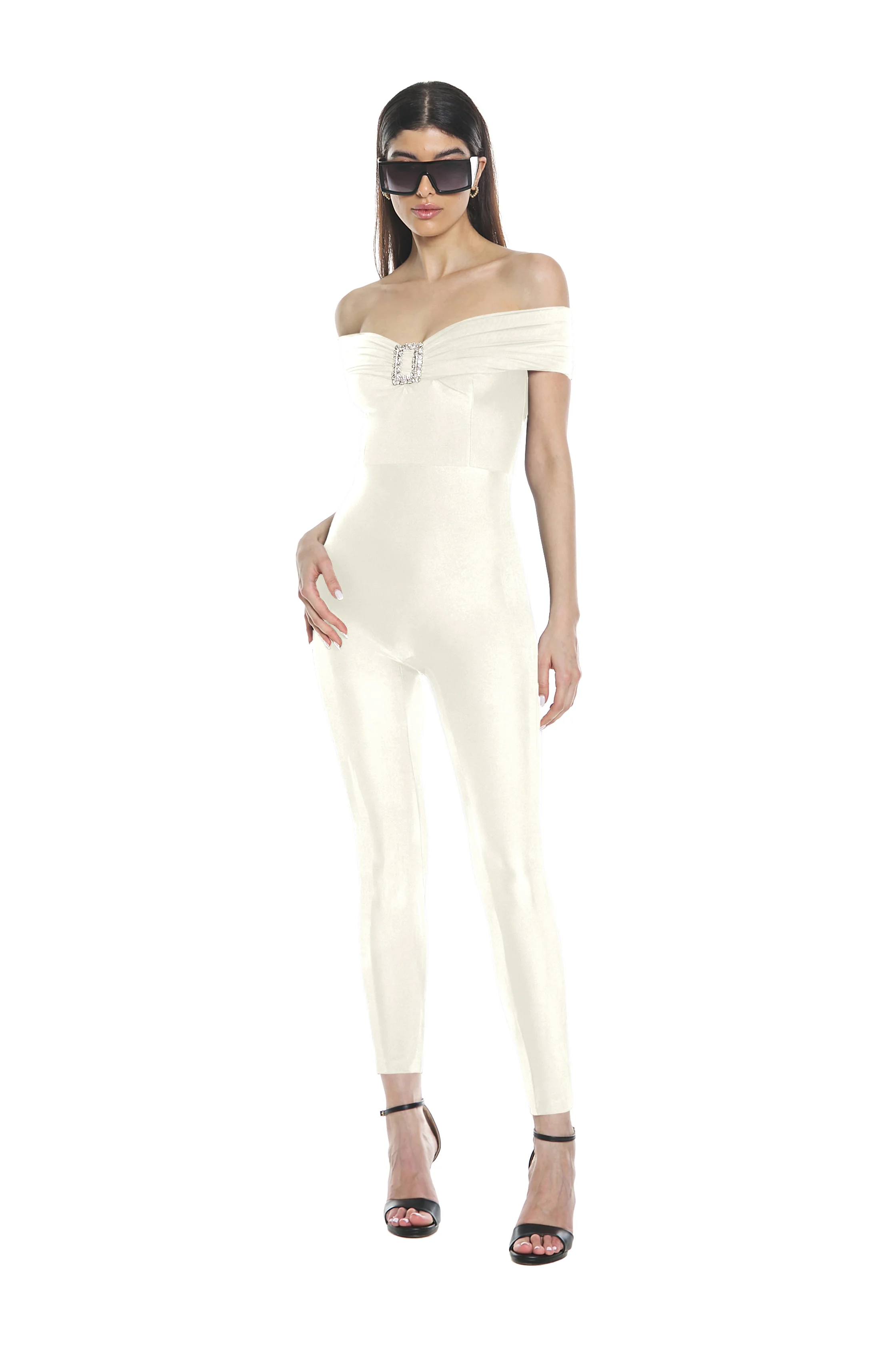 Tuta BARDO slim scollo barca tulle con arricci più accessorio strass - Image 5